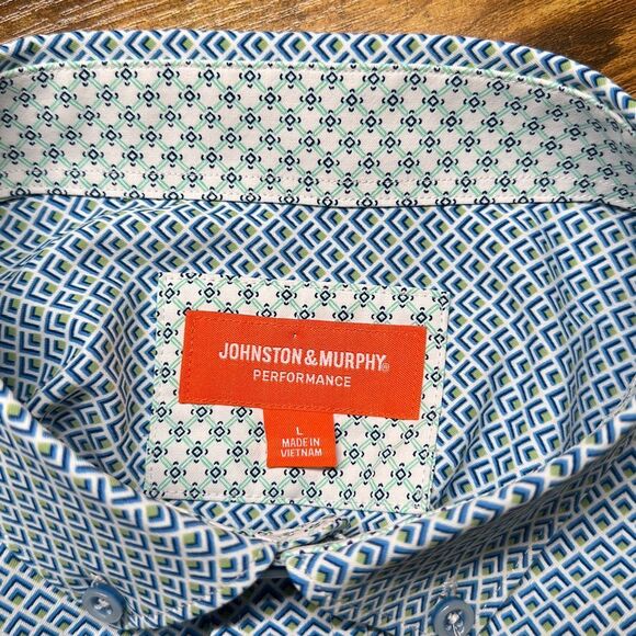 Johnston & Murphy Performance Shirt Large Blue Geometric Button Down Flip Cuff - Picture 6 of 8